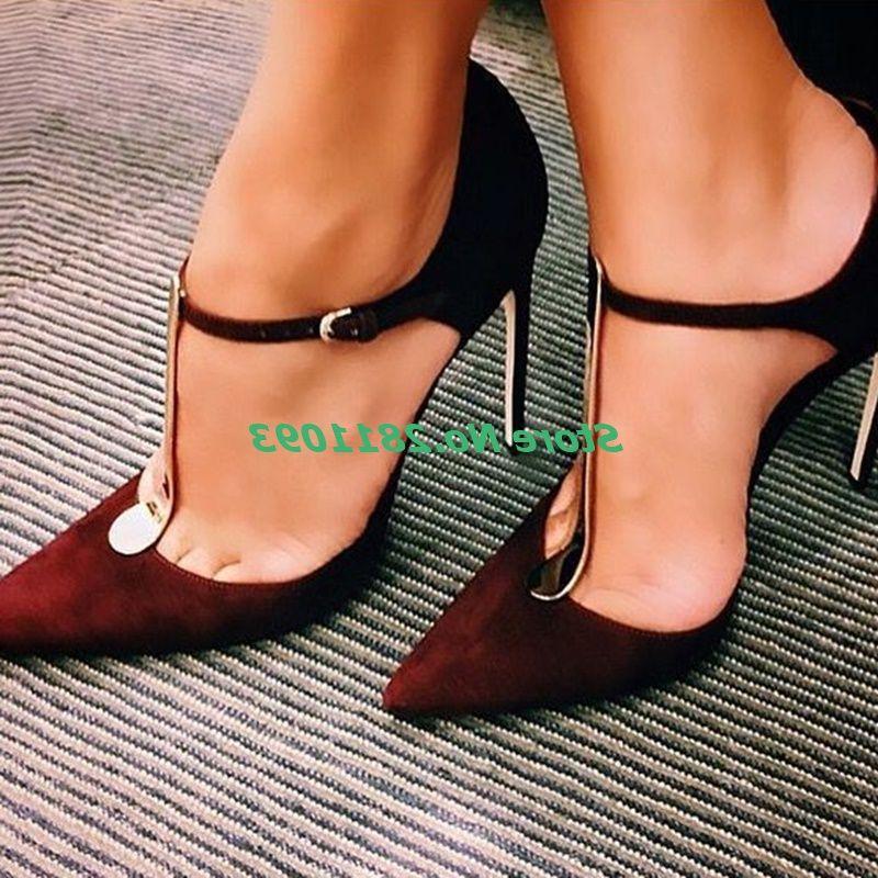 

Dress Shoes T Strap Suede Women Pumps Sexy Pointed Toe Thin High Heel Burgundy Runway Ankle, Wine red