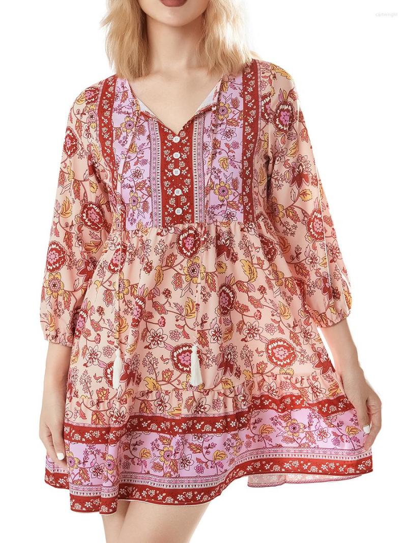 

Casual Dresses Women S Summer Boho Beach Mini Dress Floral Print Tassel Tie V Neck Short Sleeve Flowy Ruffle Bohemian Loose Fit Ethnic, X-blue