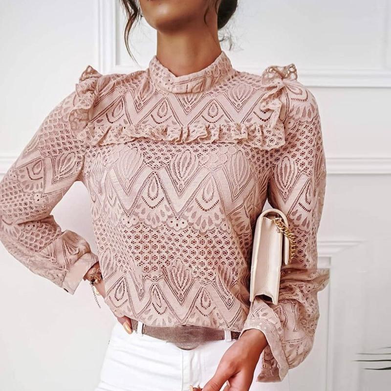 

Women' Blouses Women Elegant Long Sleeve Lace Ruffles Shirt Autumn Casual O-Neck Pullover Tops Office Lady Sexy Hollow Out, Black