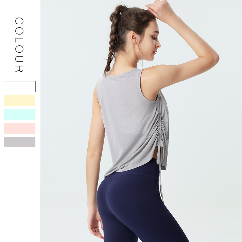 

New yoga smock women' short loose speed dry summer thin draw rope fitness running sports sleeveless top