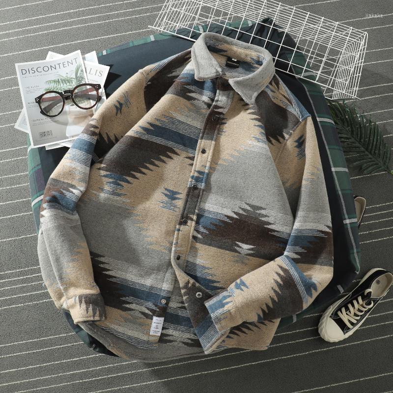 

Men's Casual Shirts Mens Streetwear Hip Hop Harajuku Shirt Geometric Striped Flannel Cotton 2023 Autumn Long Sleeve Red Gray, A72514 gray