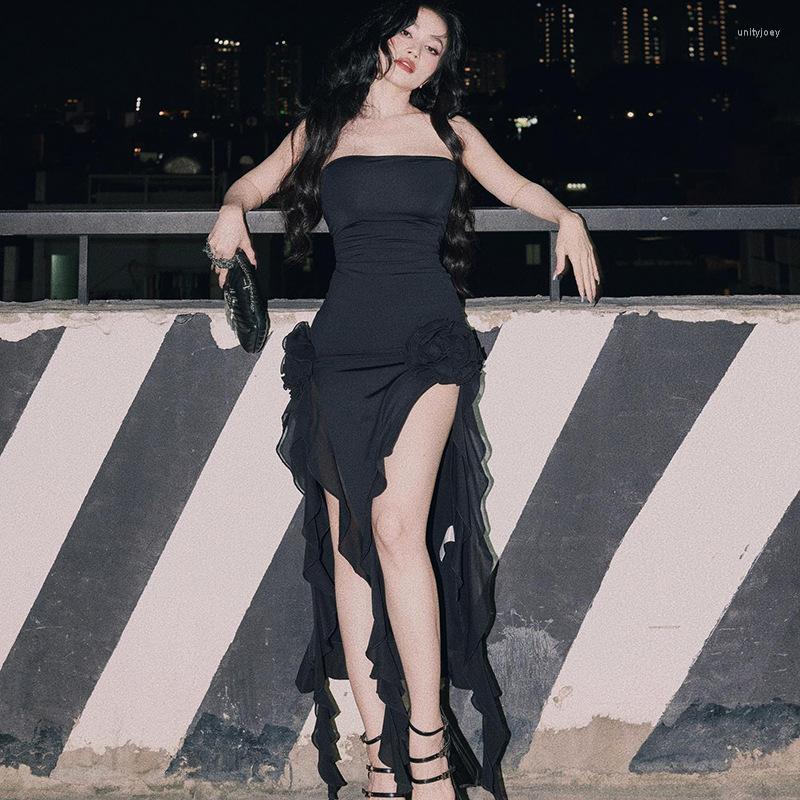 

Casual Dresses Chic Women Club Party Strapless Tube Sexy Dress 2023 Off Shoulder Split Irregular Ruffles Floral Midi Elegant Bodycon, Black