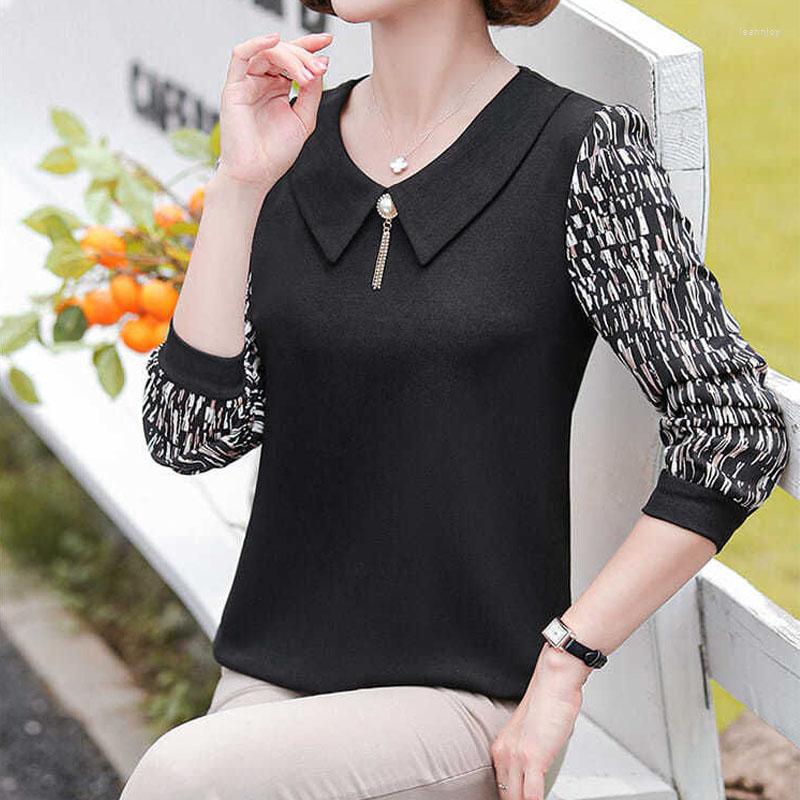 

Women' T Shirts Fashion Commute Women' Printed Long Sleeve Spliced Tops Spring Autumn Female Clothing Loose Turn-down Collar Beading, Black