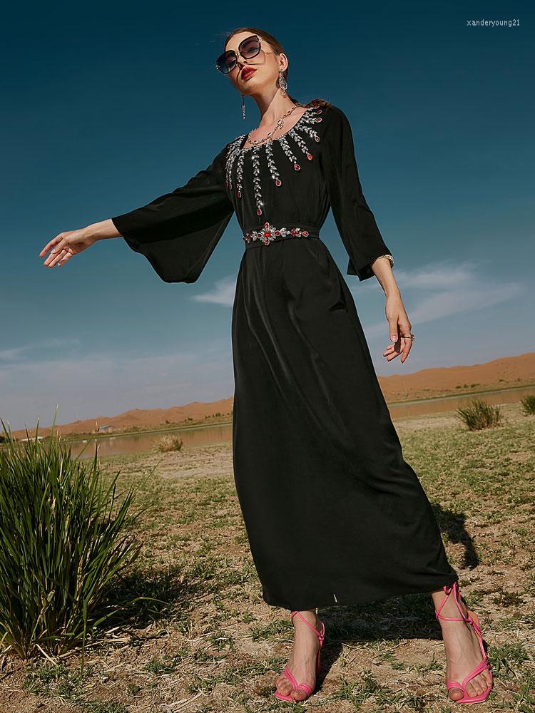 

Ethnic Clothing Rhinestone Kaftan Women Moroccan Party Caftan Satin Flare Sleeve Muslim Long Dress Belted Arab Dubai Saudi Abaya Ramadan