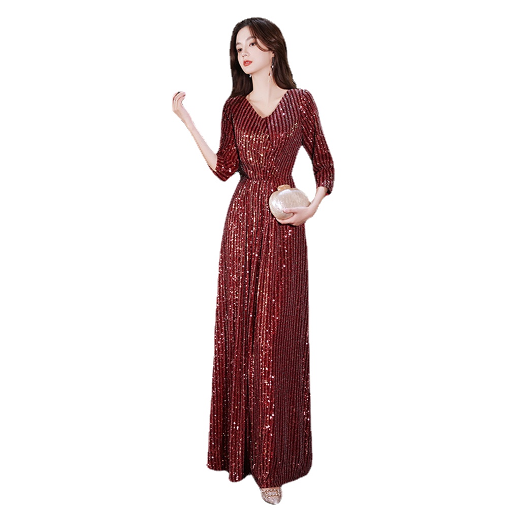 

New Evening Dresses V-Neck A-line Floor-length Zipper Back Sequins Burgundy Simple Woman Formal Party Dress RU54