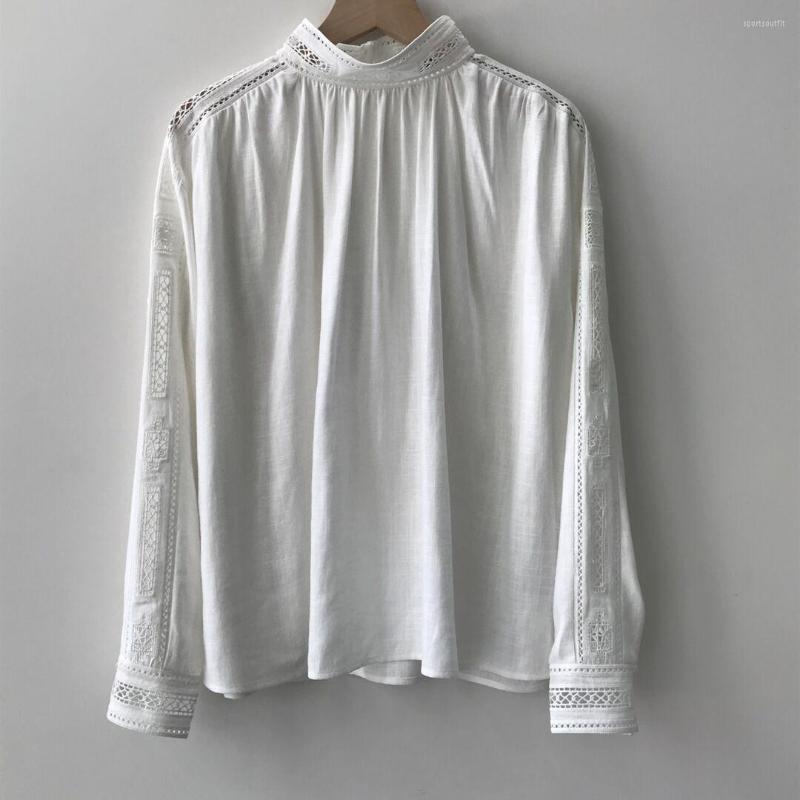 

Women' Blouses Cotton Linen Blouse Stand Collar Embroidered Detail Long Sleeved Hollow Out Fashion Tops, White