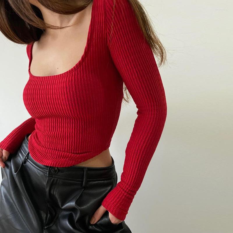 

Women's T Shirts 2023 Square Neck Long Sleeve Women Basic Skinny Casual Spring Autumn Solid Color Knit Warm Sexy Blouses, Red