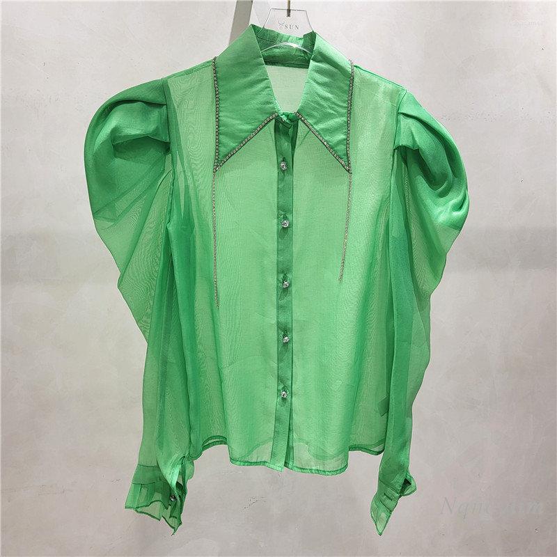 

Women's Blouses Perspective Shirt For Women Spring And Summer Tops Rhinestone-Encrusted Chain Long Puff Sleeve Top Blusas Femme 2023, Green