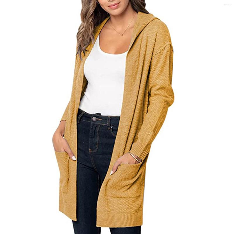 

Women's Knits Women Autumn Knit Cardigan Solid Color Hooded Long-Sleeves Front-Open Knitted Coat With Pockets For Girls, Dark grey