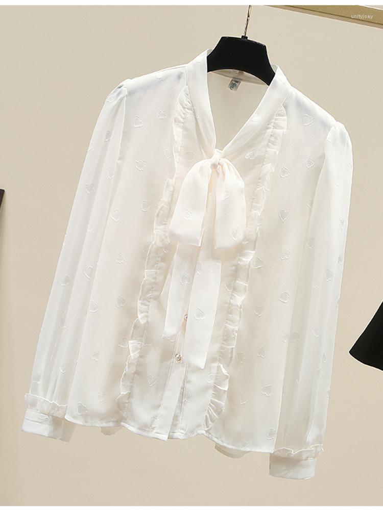 

Women' Blouses Women Springr Shirt Korean Version Elegant Sweet Scollop Temperament Chiffon Bottom Style Bow Foreign D3002, White