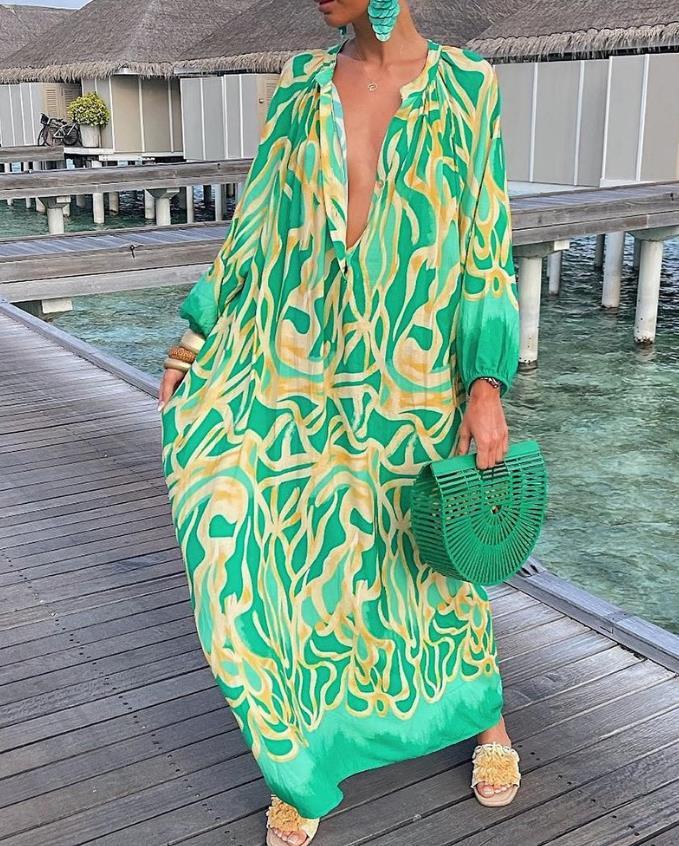 

Casual Dresses Print Lantern Sleeve O-neck Shirt Maxi Dress