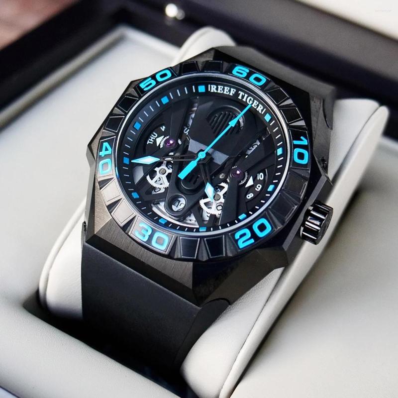 

Wristwatches Reef Tiger/RT Limited Men Automatic Mechanical Watch All Black Rubber Strap Blue Skeleton Waterproof 200M Dive Watches, Rga6912-bbrr