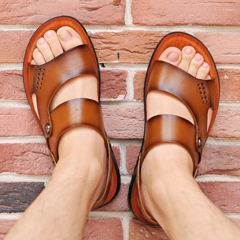 

Sandals Summer Men Fashion Slide Slippers Outdoor Genuine Leather Non-slip Shoes Beach Slip-On Travel, Khaki