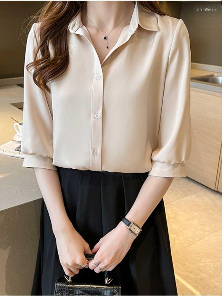 

Women' Blouses Silk Women Shirt Three Quarter Sleeve For Satin And Shirts Summer Fashion Clothing White Tops, Yellow