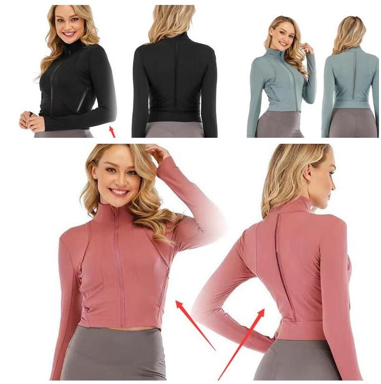 

Yoga suit with double-sided matte nylon high elasticity solid color jacket, women's zipper standing neck sports slimming long sleeved top