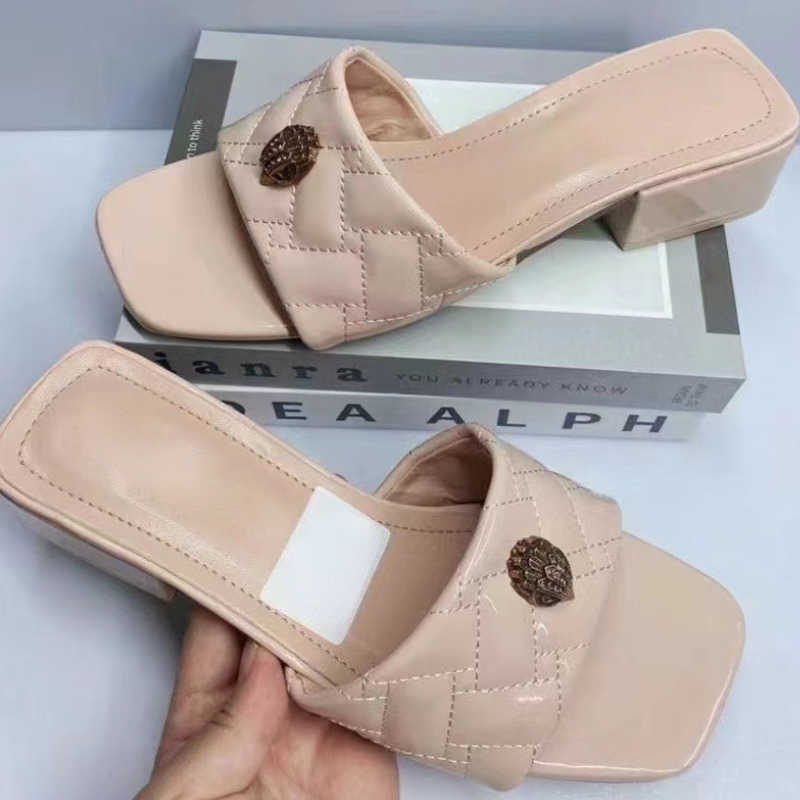 

Kurt geiger slippers luxury women block heel flip flop sandals designer hardware eagle toe line heels shoes rainbow colors plus size beach slides