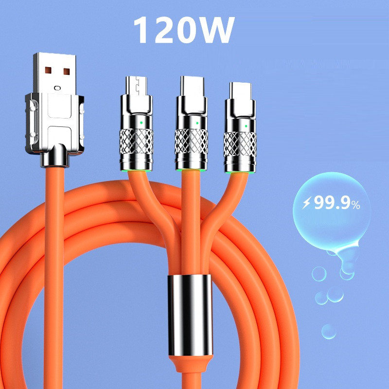 

USB Charger Cable Type-C 120W Data Cables 3 in 1 charger Cord for Xiaomi Huawei Samsung Super Fast Charge Silicone Aluminum Alloy USB Line, Mixed color