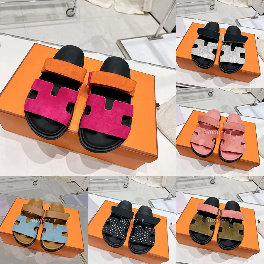 

Designer Chypre Slippers Beach Classic Flat Sandals Luxury Summer Lady Leather Flip Flops Men Women Suded Slides Size 35-44 with Box, Color 6