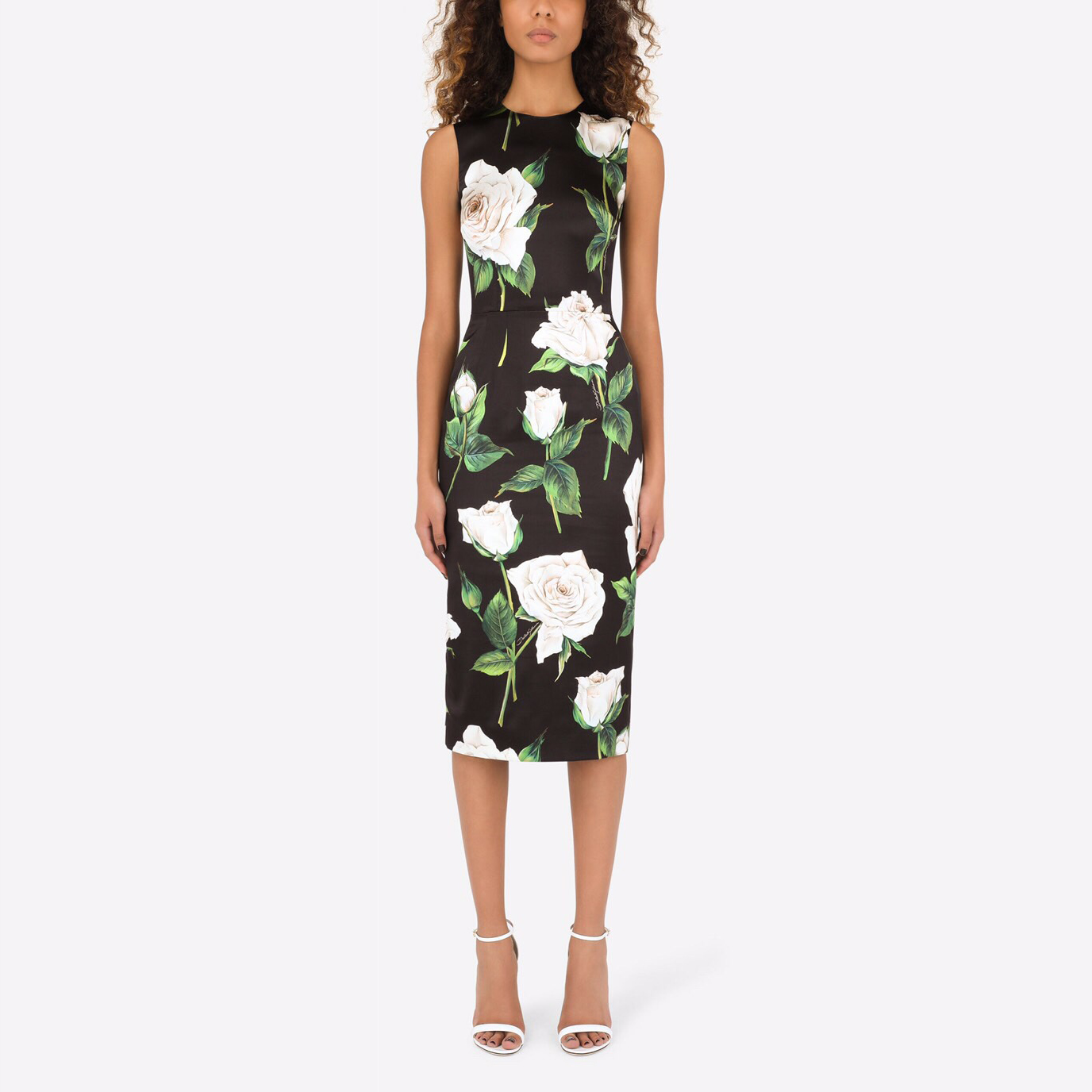 

Womens dress sleeveless white rose printed elastic silk midi dress, Black