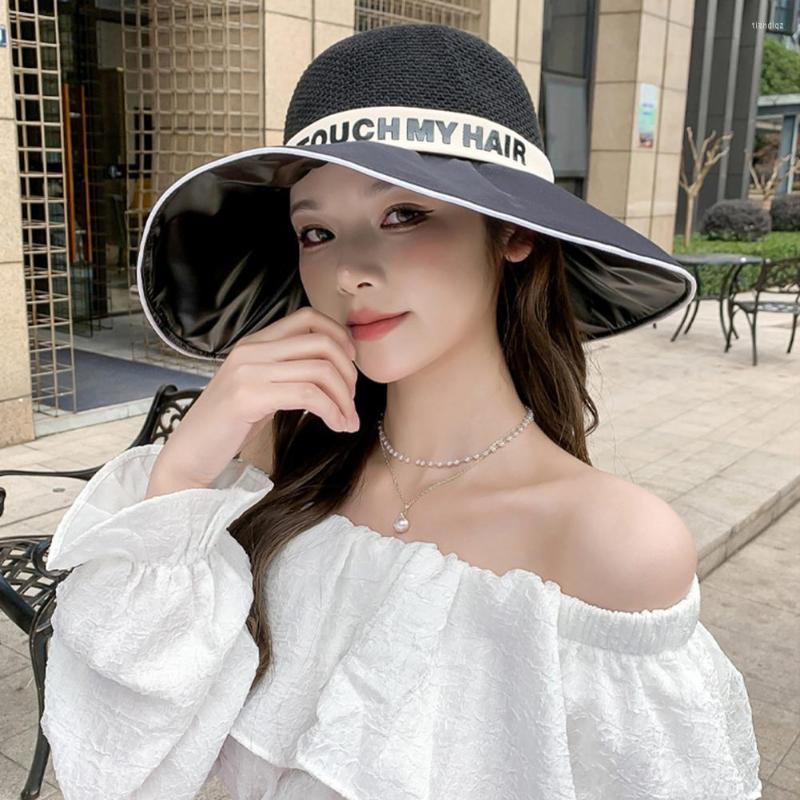 

Wide Brim Hats Fashion Sun Hat Comfy Windproof Rope Thin Summer Pure Color Sunshade Beach Fisherman Anti-UV, Black