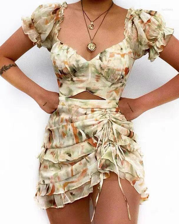 

Casual Dresses Fashion Print Drawstring Ruffle Sexy Babe Short Sleeve Dress 2023 Europe & America Women' High Waist Summer In Mini