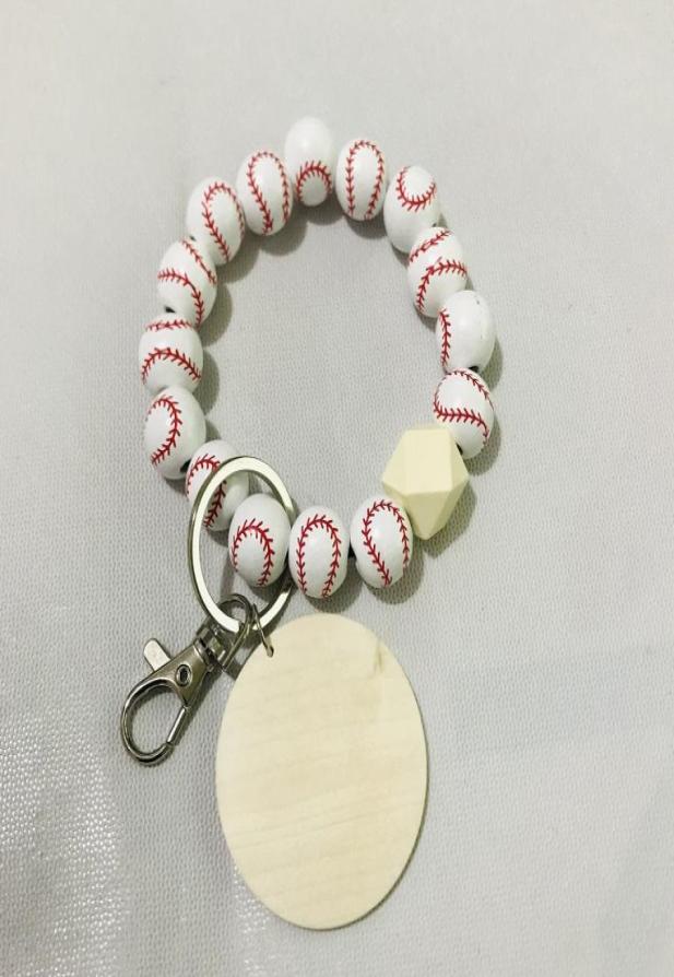 

Wood Beads Keychain For Keys Basketball Football Print Keychain Charms Wooden Wristlet Bracelet Keyring For Women Men Whole3538226