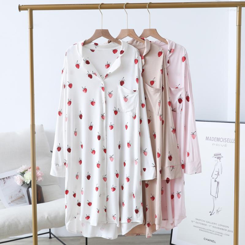 

Women's Sleepwear Kuzuwata 2023 Summer Modal Cotton Sleep Dress Sweet Big Strawberry Print Polo Nightgown Loose Long Sleeve Pocket, White
