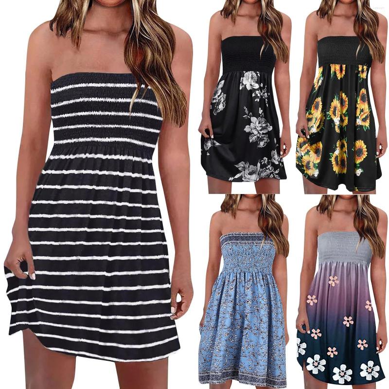 

Casual Dresses Women Dress Striped Print Summer Light Beach Seaside Sexy Strapless Sleeveless Woman 2023, Black