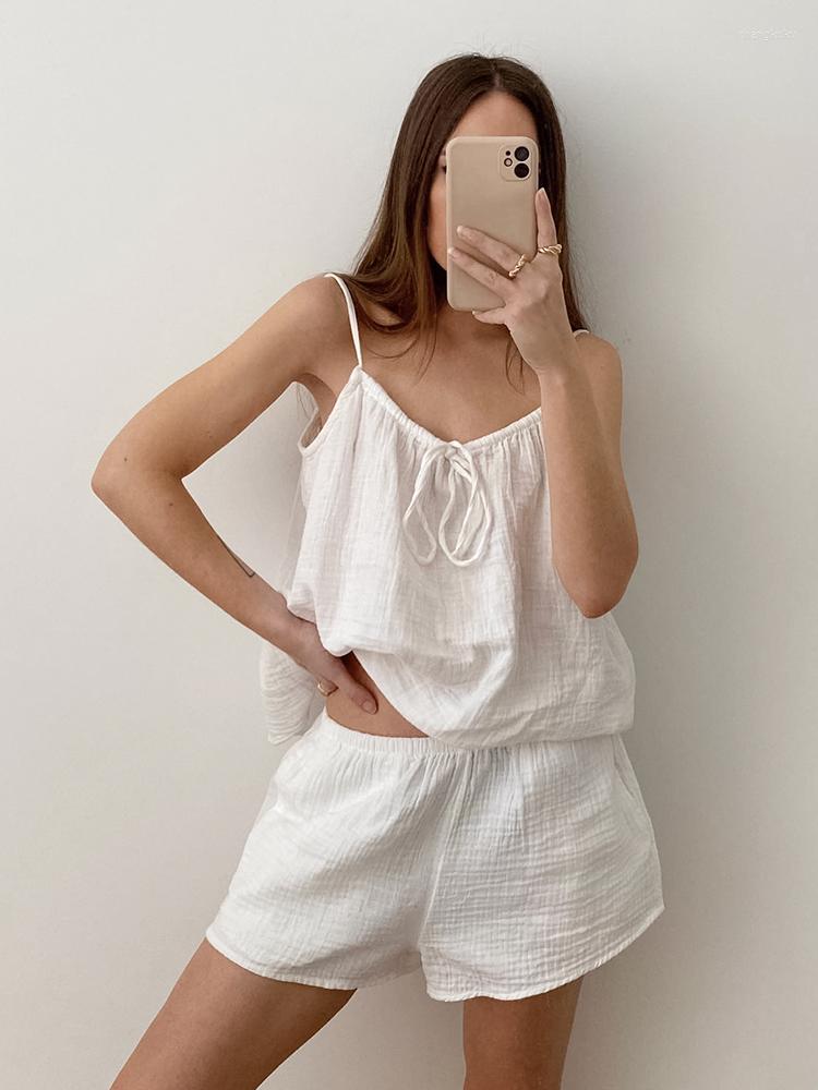 

Women' Sleepwear Hiloc Lacing White Cotton Spaghetti Strap Loose Pajamas With Shorts Female Set Loungewear Women Sets Womens Outfits
