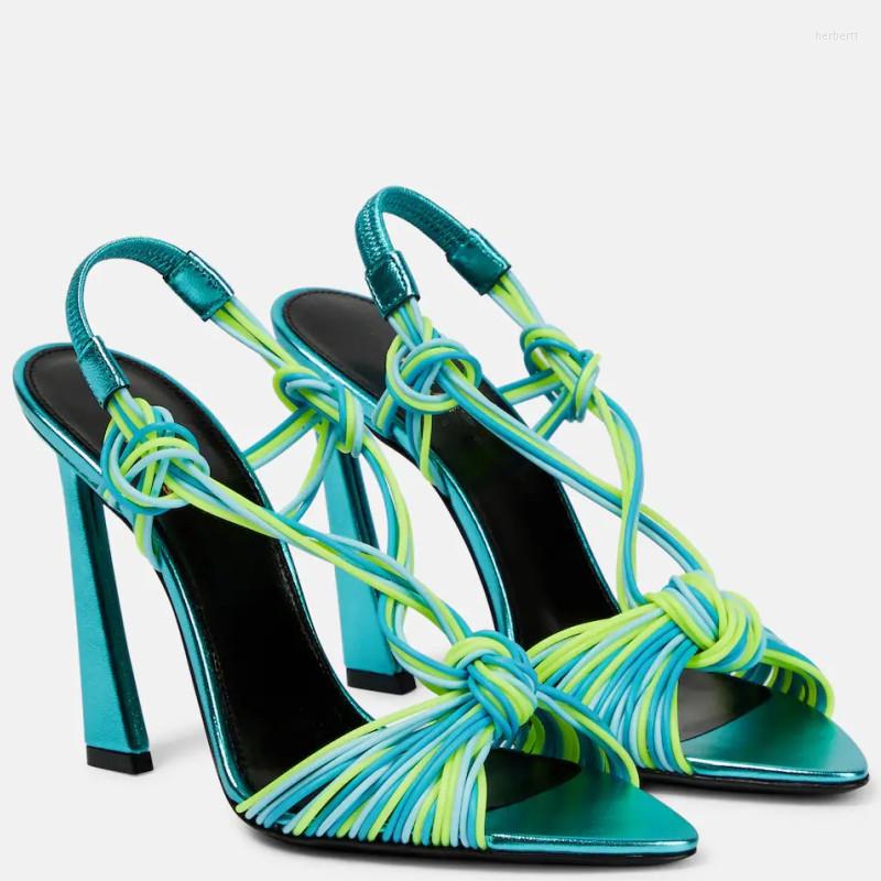 

Sandals European And American Summer Slim High Heel Colorful Knitted Thin Ribbon Pointed Open Toe Women's Large, Green