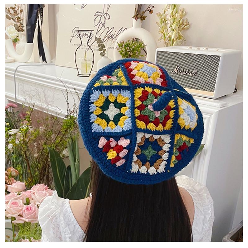 

Berets Handmade Patchwork Beret Hat Cute Girl Winter Casual Fashion Flower Painter Cap Women Wool Warm Wholesale, 04