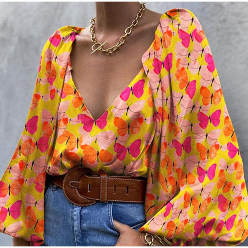 

Women's T Shirts Fashion Vintage Butterfly Long-sleeved V-neck Midi Tops Lace Orange T-shirts Casual High Street Printed Clothing, Orange butterfly