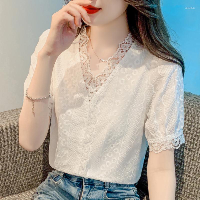 

Women' Blouses Short Sleeve Lace Blouse Fashion Women V Neck Tops Summer Women' Shirts White Floral Female Clothing Elegant 26022