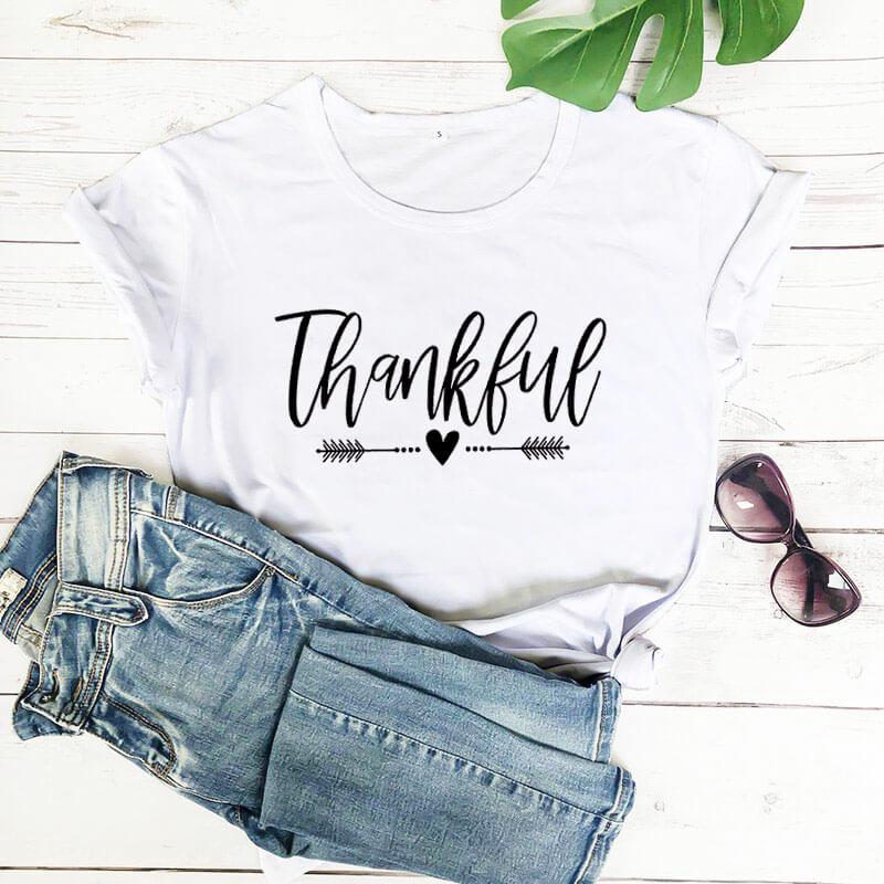 

Women' T Shirts Thankful Shirt Woman Top Summer Funny Thanksgiving Fall For Women Grateful TeesWomen, White