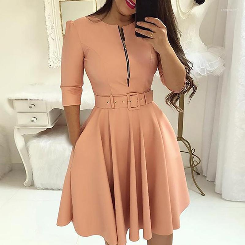 

Casual Dresses Women Fall Half Sleeve Elegant Tunic Dress Female Solid Zipper Belted Pleated Office Vestidos Mujer, Red