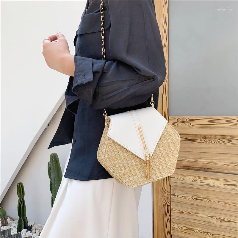 

Evening Bags Fashion Classic Hexagonal Straw Woven Bag Women's Hundred Single Shoulder Simple Casual Commute Flap Heteromorphic, White