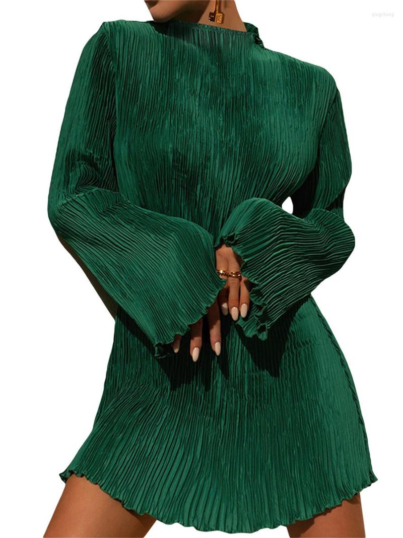 

Casual Dresses Women S Bodycon Texture Mini Dress Long Sleeve Round Neck Solid Color Pleated Club Skinny Skirt Spring Summer 2023, Green