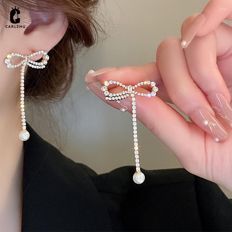 

Dangle Earrings Gold Plated Rhinestone Zircon Bowknot Pearl Tassel Drop 2023 Fashion Versatile For Women Jewelry
