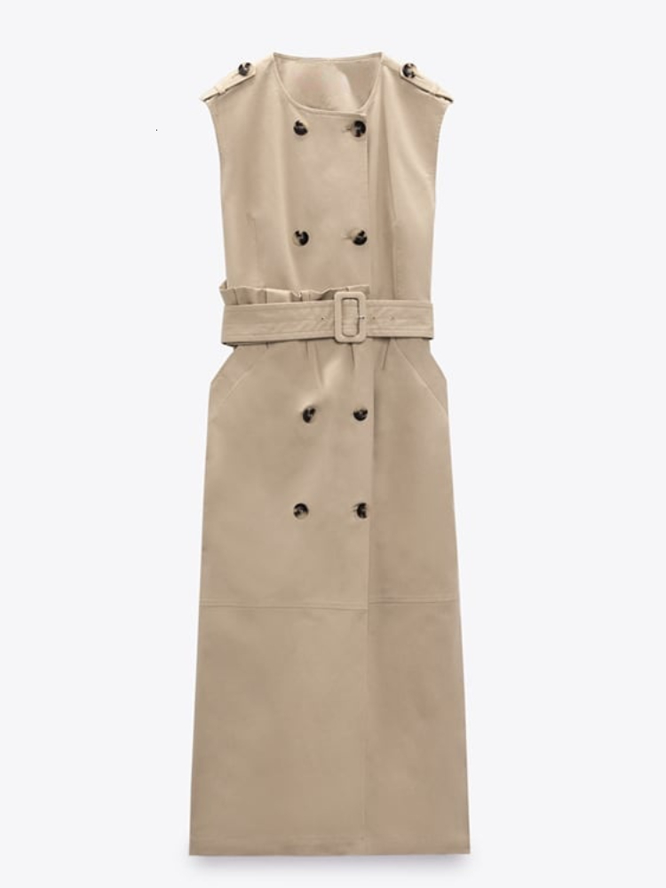 

Casual Dresses RR2453 Trench Coat Gabardine Dresses Womens O Neck Sleeveless Midi Dress Female Double-breasted Button Fastening Long Dress 230413, Beige
