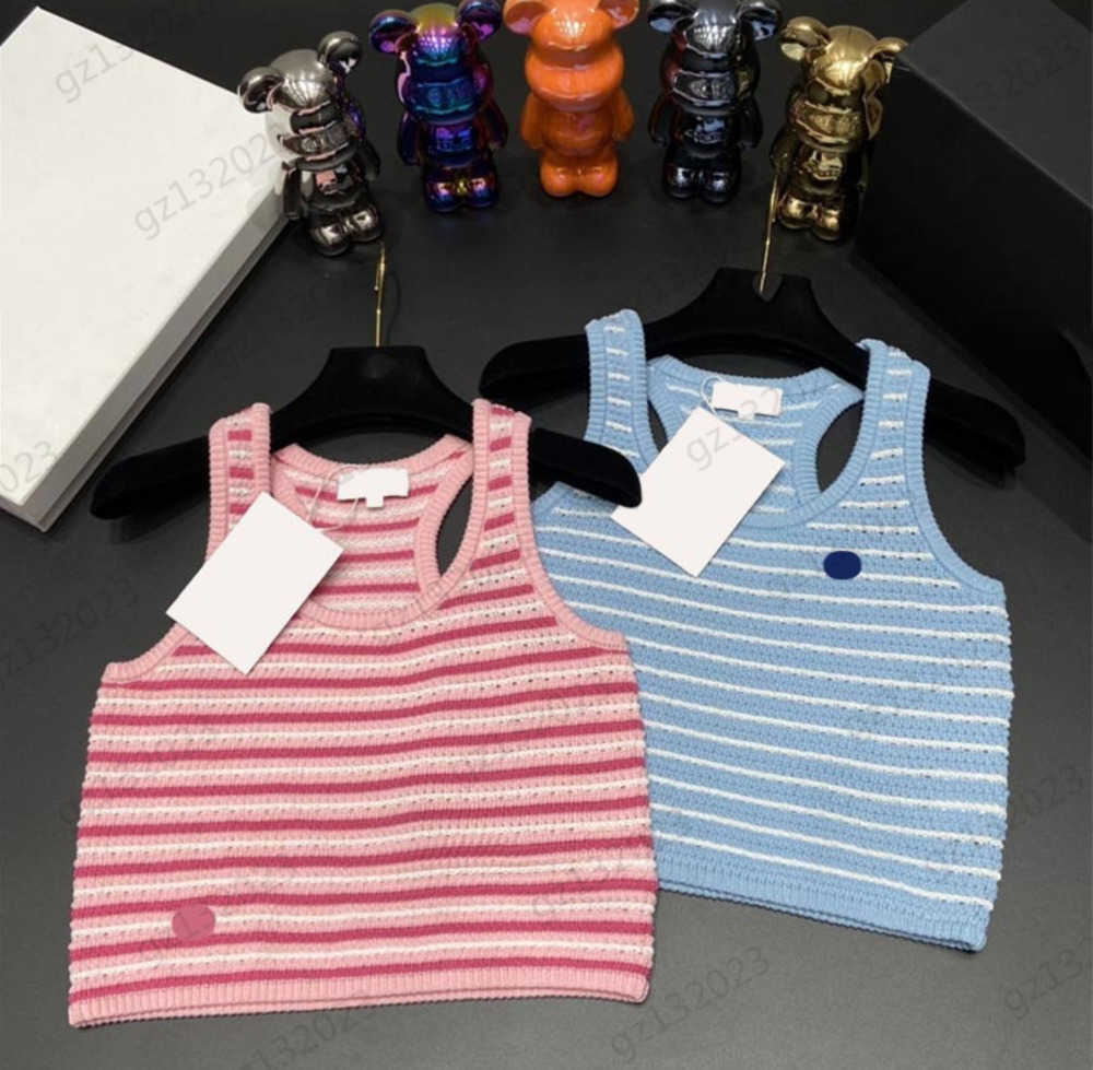 

Stripe Tanks Camis Brand Logo Embroidery Hollow Design Casual Short Vest Top U-neck Sleeveless Pullover Design Bare Waist Sexy Tops Women Clothing 1970, 22