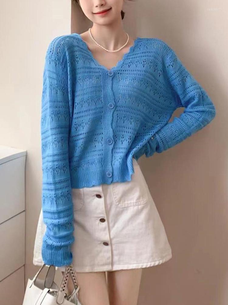 

Women's Knits AZYT Hollow Out Knitwear Cardigan Female Summer Long Sleeve Thin Sweater Cardigans Women 2023 Solid Color Knitted, Blue