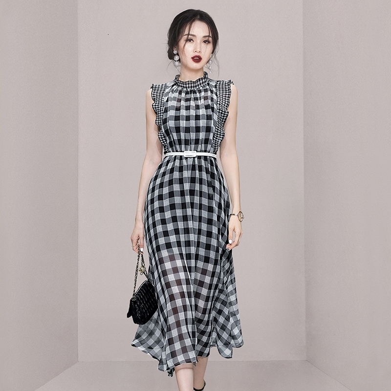 

Casual Dresses Women O-neck Plaid Sleeveless High Waisted Party Dresses Female Runway Fashion Ruffles Vintage Long Dress Robe 230413, Beige