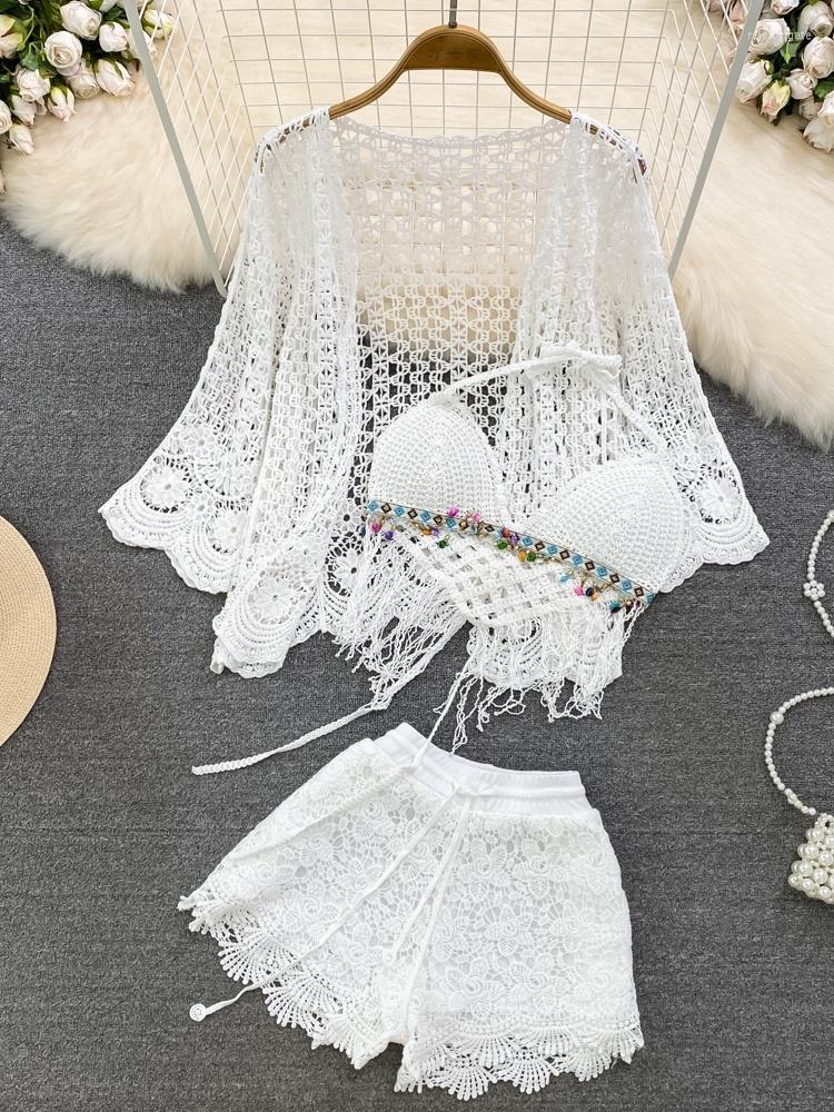 

Women's Tracksuits Seaside Holiday Hollow Out Shorts Suit Women's Cut-out Sunscreen Three-piece Sets Sling Vest Top And Wide Leg Short, White