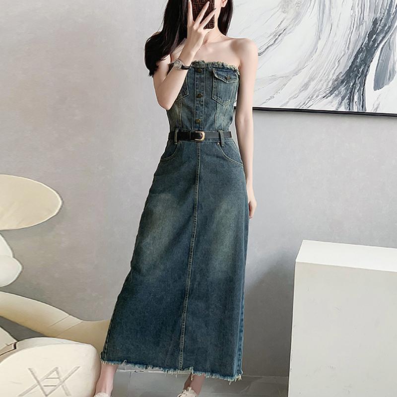 

Casual Dresses Vintage Sexy Strapless Denim Dress Women French Style Summer Sleeveless Backless Zipper Party Long Vestidos, Blue