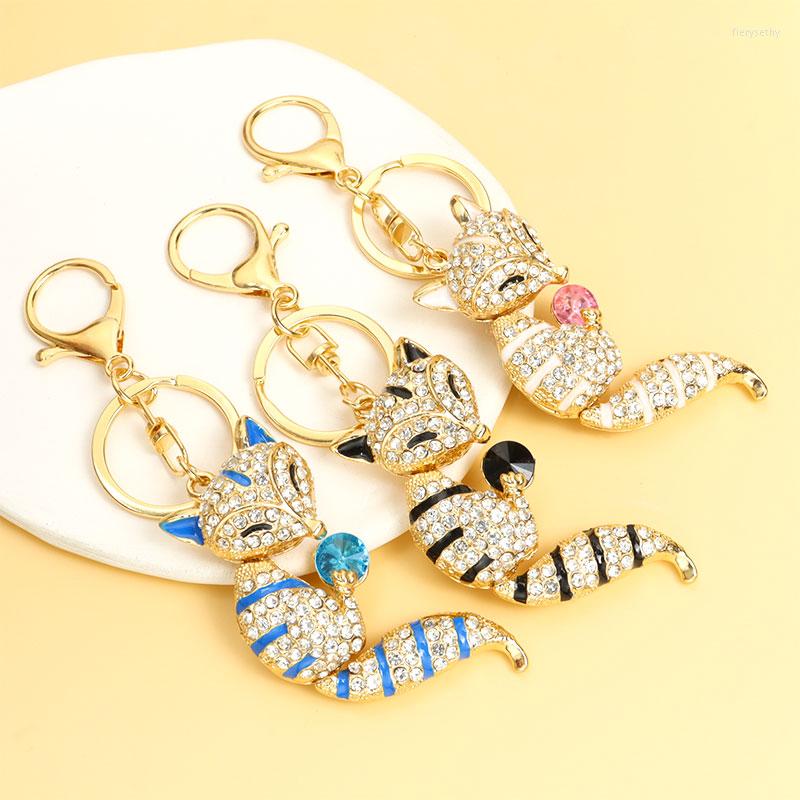 

Keychains Fashion Foxes Crystal Rhinestone Keychain Colorful Cute Smile Animals Enamel Key Rings For Women Man Couples Jewelry Accessories