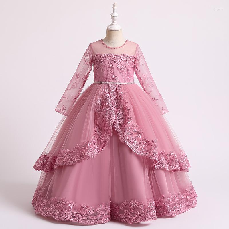 

Girl Dresses Applique Princess Dress For Flower Wedding Beaded 4-14 Y Children Birthday Party Long Sleeve Show Performance Costume, Pink