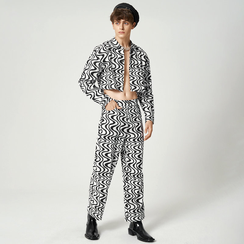 

Men' Tracksuits 2023 Sets Printing Streetwear Lapel Long Sleeve Button Crop Shirt Pants Two Pieces Fashion Casual Suits INCERUN 230413, Black