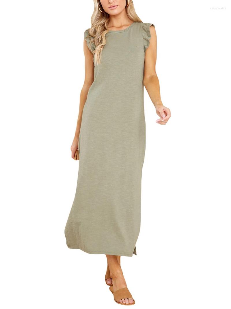 

Casual Dresses Women  Summer Round Neck Midi Dress Solid Color Ruffle Sleeve Crewneck Split Hem, Black