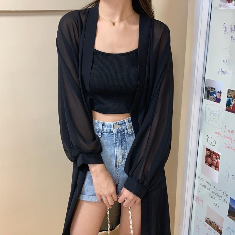 

Women's T Shirts SABINAX Female Outside Summer Chiffon Cardigan Medium Length Thin Coats Loose Sunscreen Clothes Spring Korean Fashion, Black