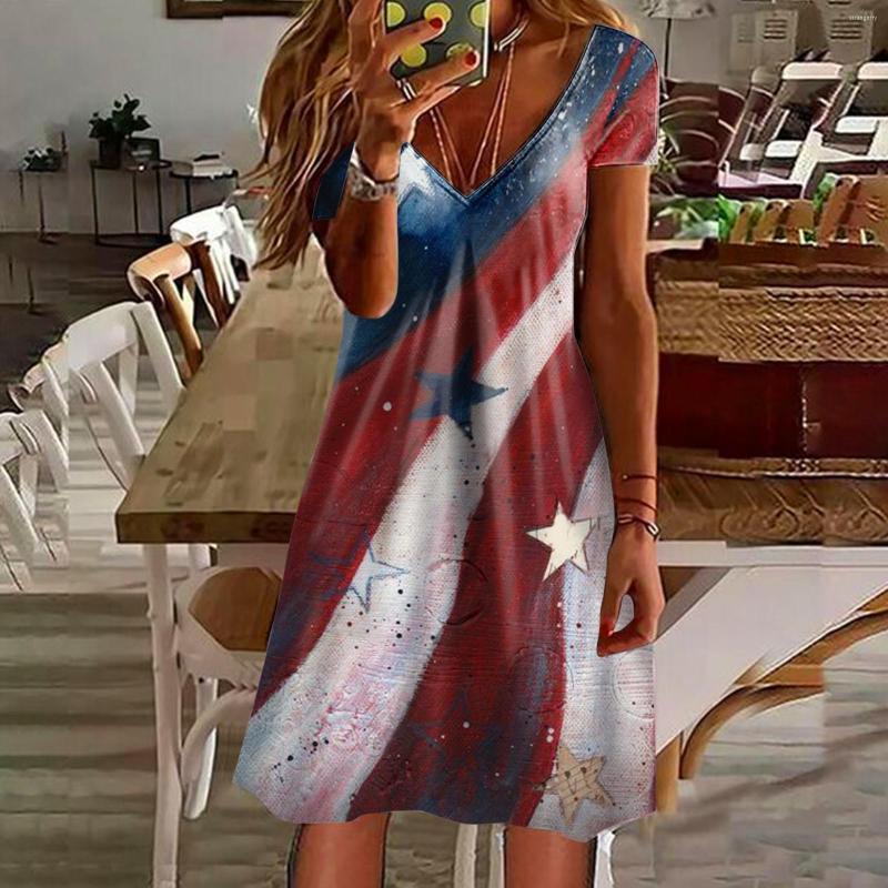 

Casual Dresses Ladies Summer Short Sleeve Fashion Dress V Neck Swing Flowy Comfortable, Blue